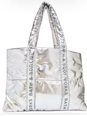Bath & Body Works Silver Metallic Quilted Logo Strap Tote